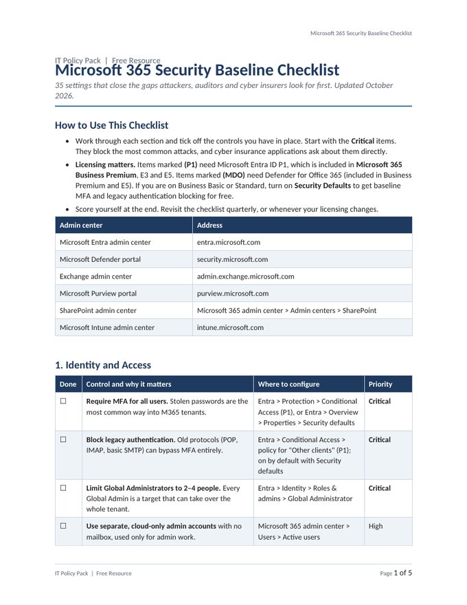 First page of the checklist